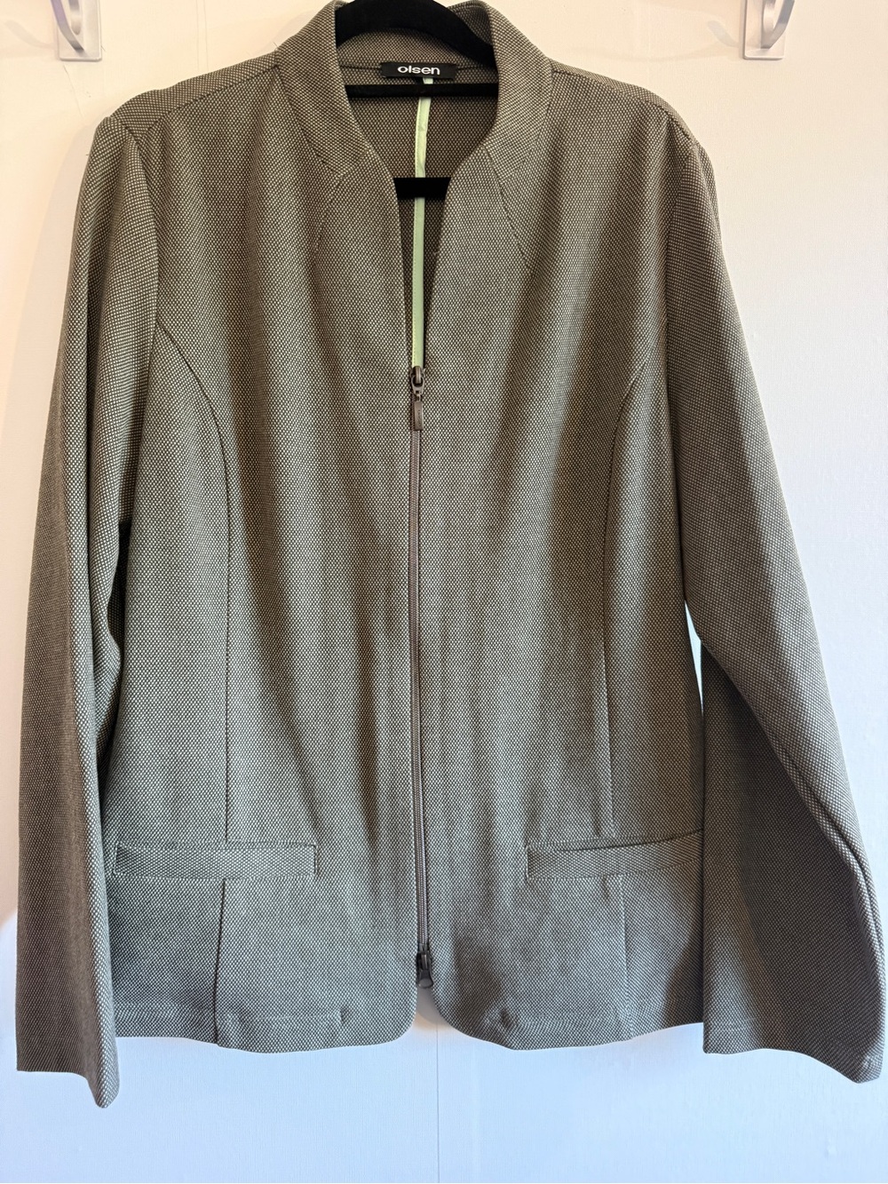 Olsen Women’s Textured Zip Front Blazer Jacket L XL Brown Taupe Olive Workwear